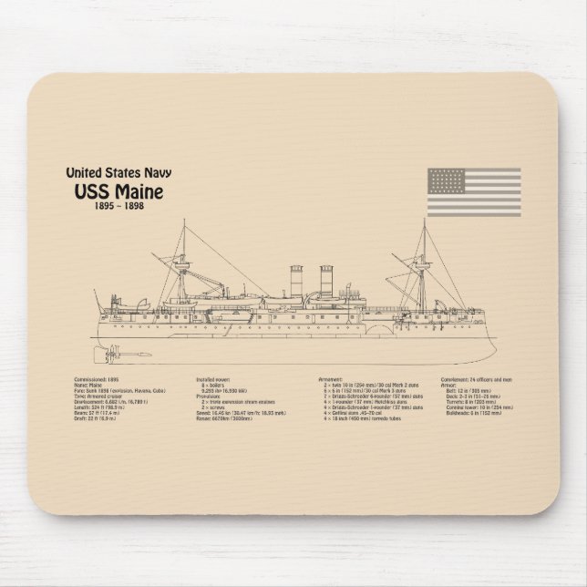 Mousepad USS Maine - Planos de Impressão Blueprint de Entre (Frente)