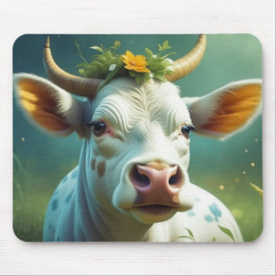 Mousepad Vaca branca branca e branca, com chifres e flores