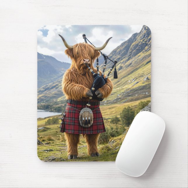 Mousepad Vaca das Terras Altas da Escócia Tocando as Gaitas (Com mouse)