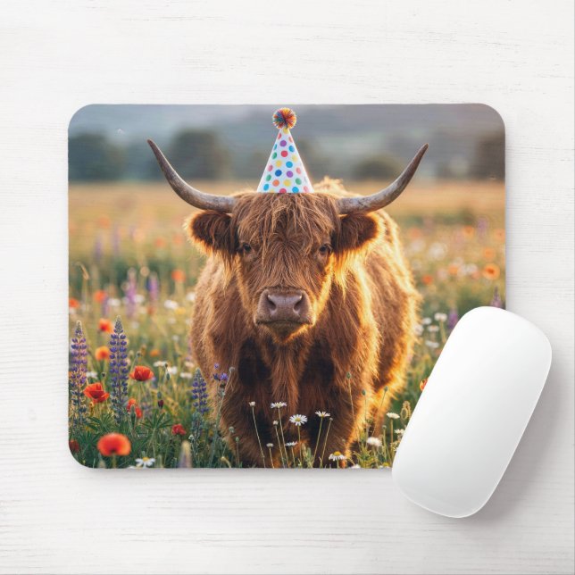 Mousepad Vaca das Terras Altas Usando um Chapéu de Festa de (Com mouse)