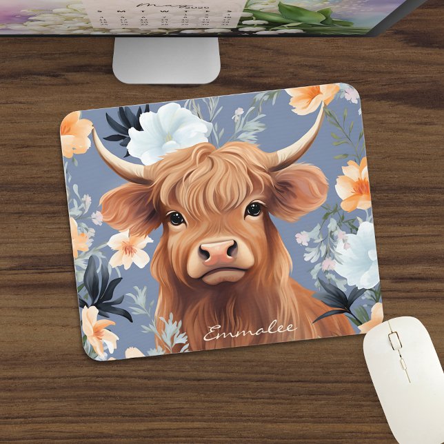 Mousepad Vaca do planalto em forma de fundo floral sem pers (Criador carregado)