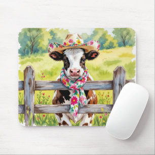 Mousepad Vaca em aquarela usando um chapéu de estampa flora