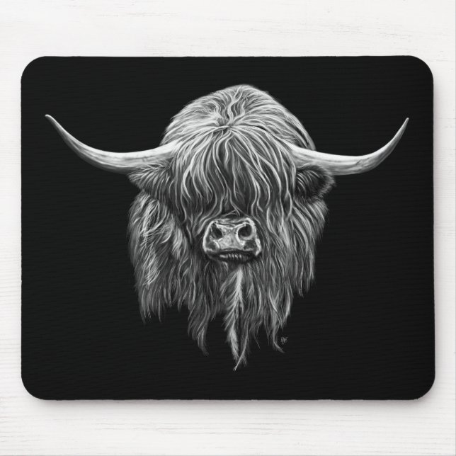 Mousepad Vaca escocesa das montanhas em preto e branco (Frente)