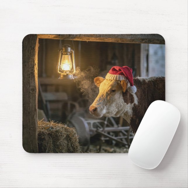 Mousepad Vaca Hereford de Natal em um celeiro (Com mouse)
