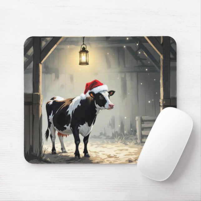 Mousepad Vaca Hereford de Natal na Porta do Celeiro (Com mouse)