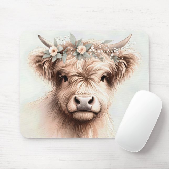 Mousepad Vaca Highland Boho Aquarela  (Com mouse)