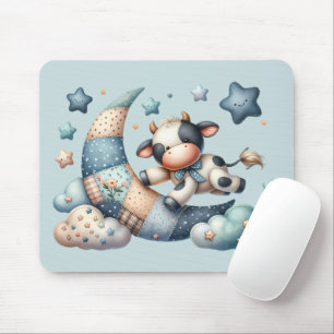 Mousepad Vaca Patchwork Fofa Sobre a Lua com Estrelas