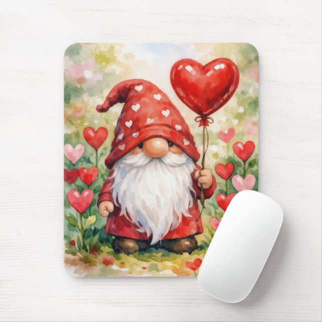 Mousepad Valentine Gnome with Red Heart Balloon (Com mouse)