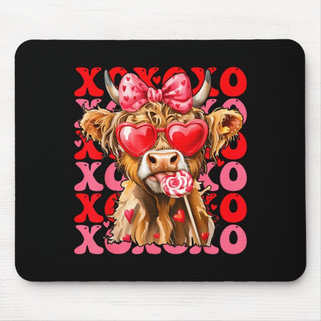 Mousepad Valentine Xoxo Highland Cow Cute Coquette Bow West (Frente)