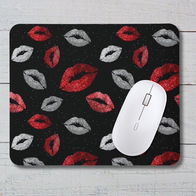 Mousepad Valentines Red Silver Glitter Lips on Black  (Criador carregado)