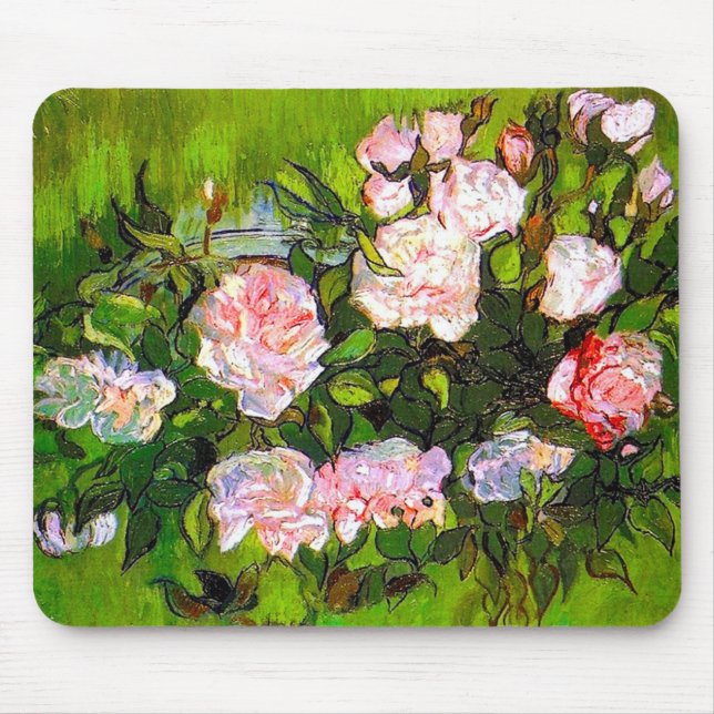 Mousepad Van Gogh ainda vive com rosas rosa (Frente)