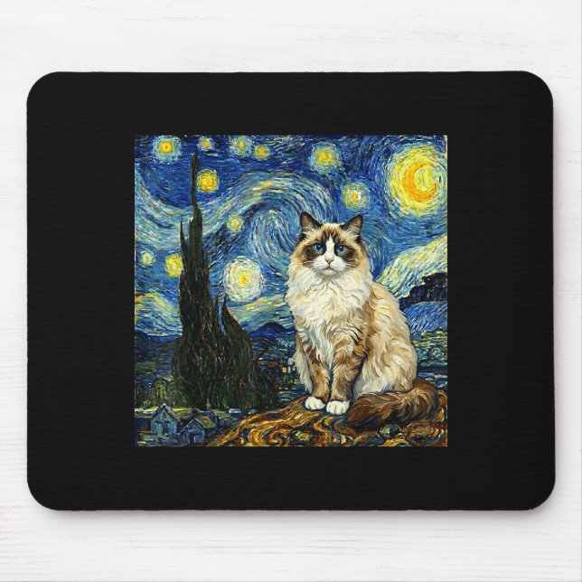 Mousepad Van Gogh Art Starry Night - Funny Ragdoll Cat Arti (Frente)