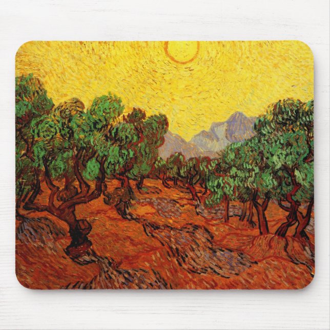 Mousepad Van Gogh Olive Trees com Céu Amarelo e Sol (Frente)