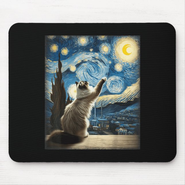 Mousepad Van Gogh Starry Night Style Artístico Ragdoll Cat (Frente)