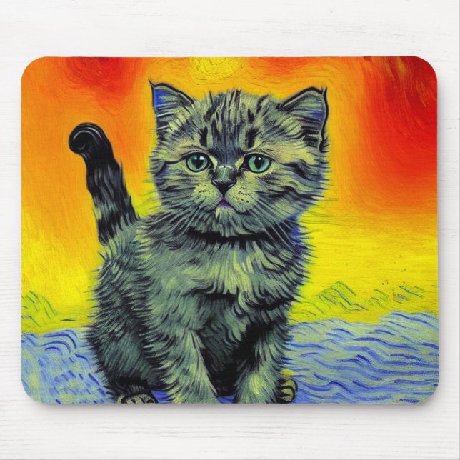 Mousepad Van Gogh Style Cat Sunset Beach (Frente)