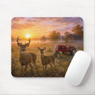 Mousepad Veado de Cauda Branca com Trator Vermelho Antigo
