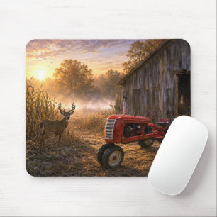Mousepad Veado de Cauda Branca e Trator Antigo na Névoa da