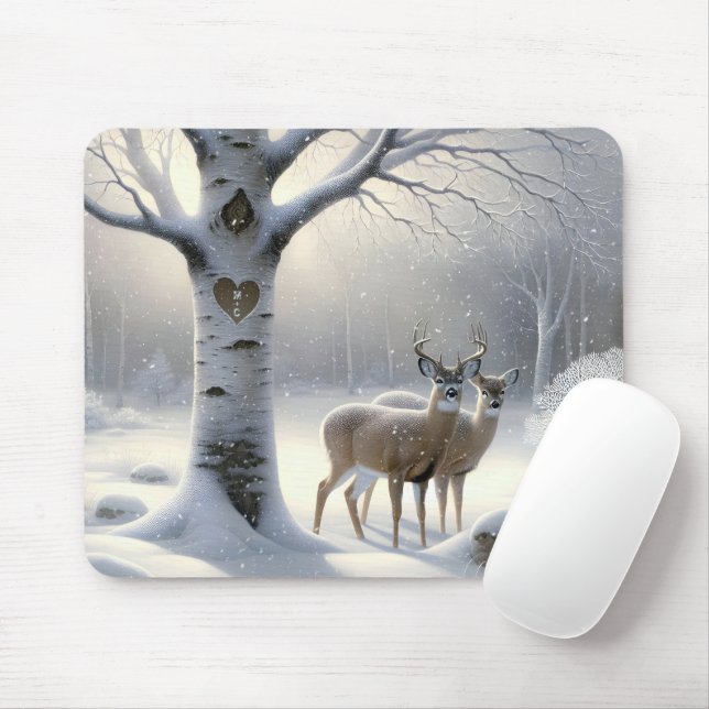 Mousepad Veado De Inverno Com Coração De Árvore De Birch (Com mouse)