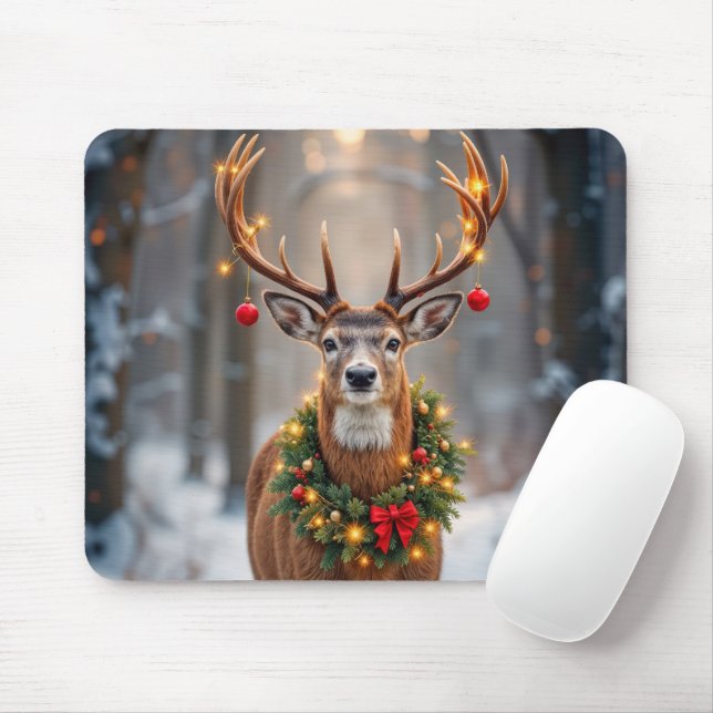 Mousepad Veado de Inverno Usando uma Grinalda de Natal Bril (Com mouse)