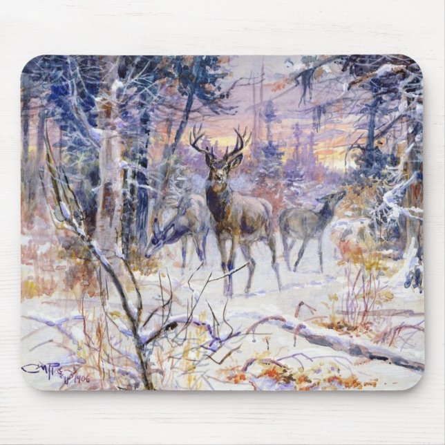 Mousepad Veado em uma Floresta de Neve (Estação de Inverno) (Frente)