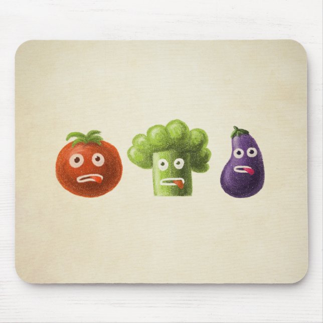 Mousepad Vegetais Engraçados: Bócolis Tomate EggPlant (Frente)