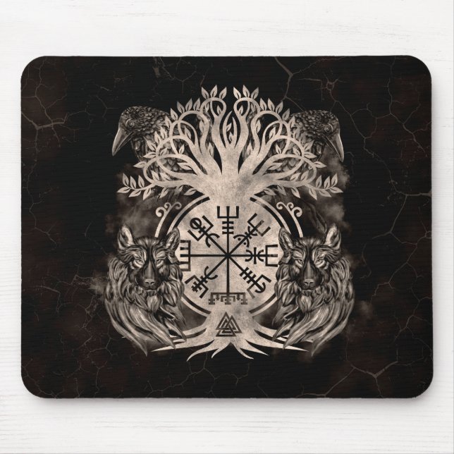 Mousepad Vegvisir - Yggdrasil Com Ravens E Lobos (Frente)