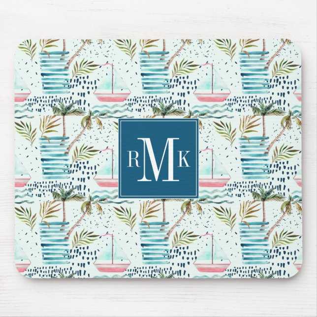 Mousepad Veleiro da aguarela com teste padrão da palmeira (Frente)