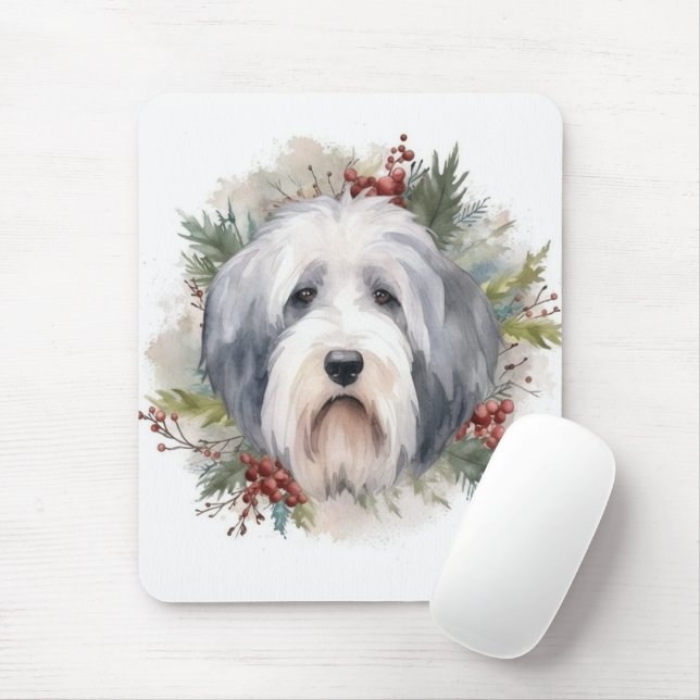 Mousepad Velha Inglês Sheepdog Christmas Wreath Festivo Pup (Com mouse)