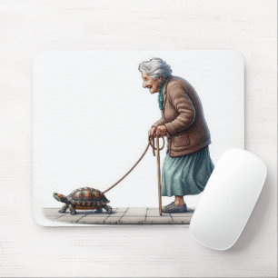 Mousepad Velha senhora andando uma tartaruga de estimação