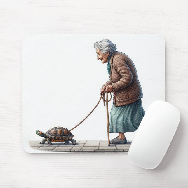 Mousepad Velha senhora andando uma tartaruga de estimação (Com mouse)