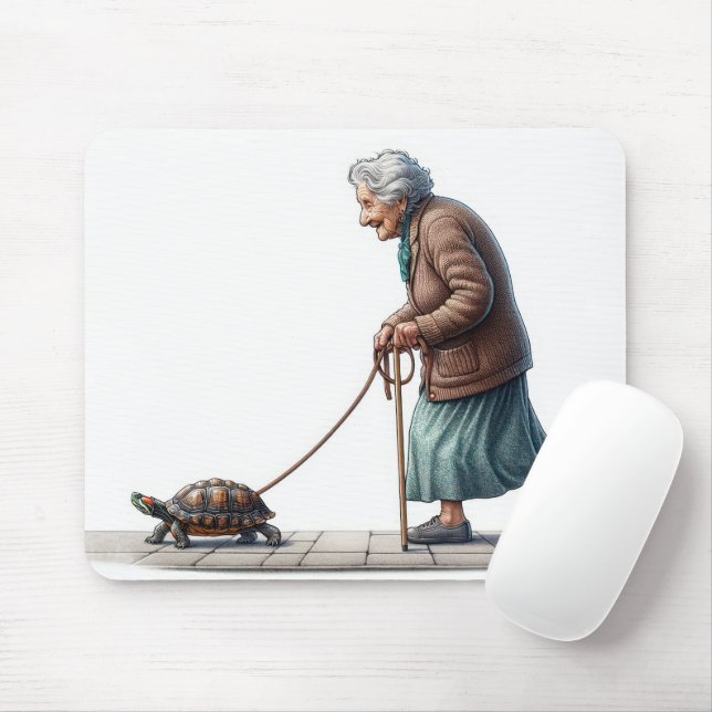 Mousepad Velha Senhora Caminhando Sua Tartaruga (Com mouse)