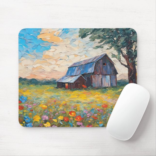 Mousepad Velho Celeiro No Campo De Flor Selvagem (Com mouse)