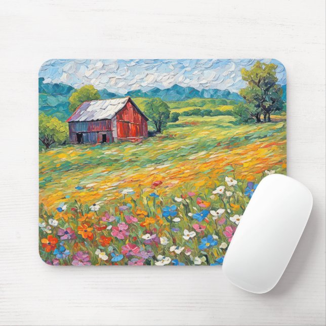 Mousepad Velho Celeiro No Campo De Flor Selvagem (Com mouse)