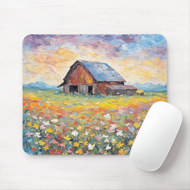 Mousepad Velho Celeiro No Campo De Flor Selvagem (Com mouse)
