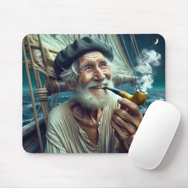 Mousepad Velho Velejador Em Um Navio De Navegação Fumando U (Com mouse)
