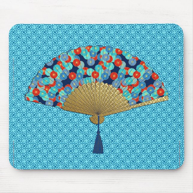 Mousepad Ventilador Deco - Flores em Cobalto, Turquesa e Ve (Frente)