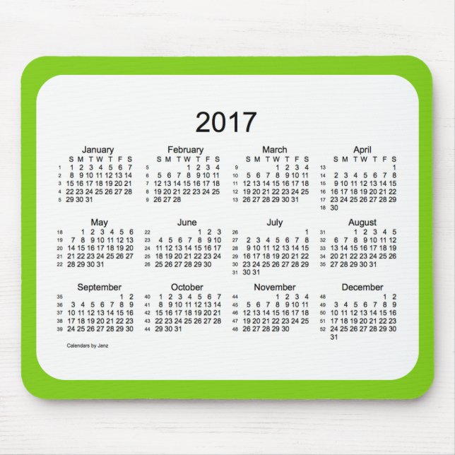 Mousepad Verde 2017 amarelo calendário de 52 semanas por (Frente)