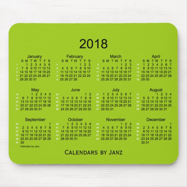 Mousepad Verde 2018 amarelo calendário de 52 semanas por (Frente)