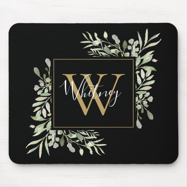 Mousepad Verde Dourado preto Monograma Verde Floral (Frente)