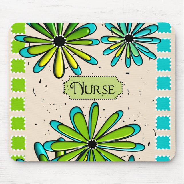 Mousepad Verde floral artística e azul da enfermeira (Frente)