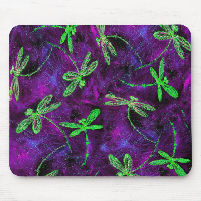 Mousepad Verde limão das libélulas a quente rosa e púrpura (Frente)