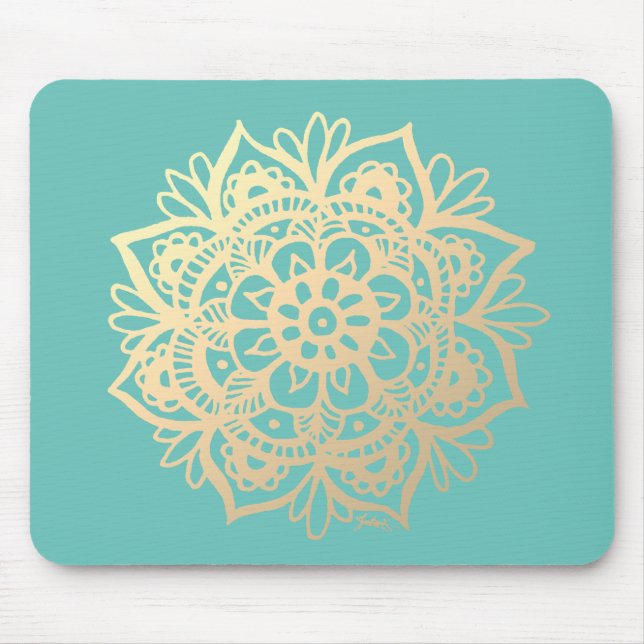 Mousepad Verde-Teto e Dourada Flor de Mandala (Frente)
