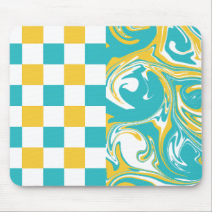 Mousepad Verificações e espirais em Turquesa, Amarelo e Bra