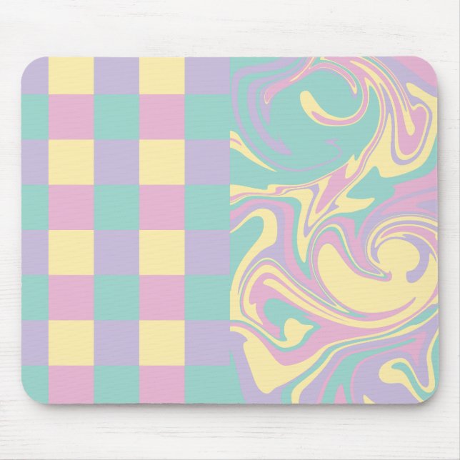 Mousepad Verificações e espirais Pastel Rosa, Amarelo, Púrp (Frente)