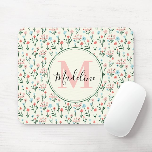Mousepad Vermelhidão Floral Flores Botânicas Monograma Rosa (Com mouse)