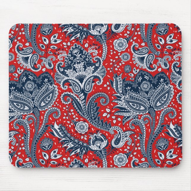 Mousepad Vermelho Branco e Azul Floral Paisley Bohemian Boh (Frente)
