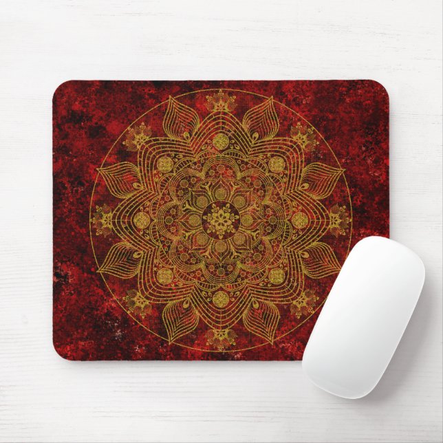 Mousepad Vermelho Floral Elegante, Preto e Dourado Mandala (Com mouse)