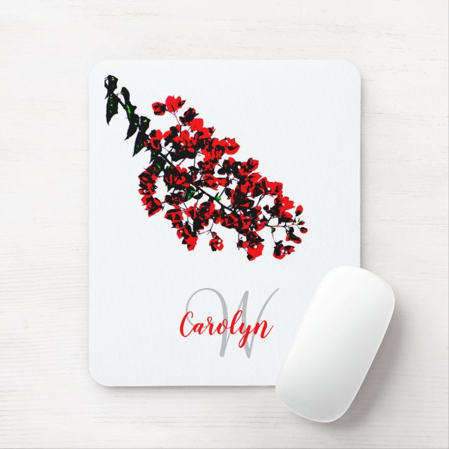 Mousepad Vermelho floral, feminino, moderno, nome e inicial (Com mouse)
