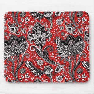 Mousepad Vermelho Preto e Branco Floral Paisley Boêmio Boho