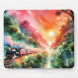 Mousepad Viagem de Trem Pôr do Sol Tropical em Aquarela